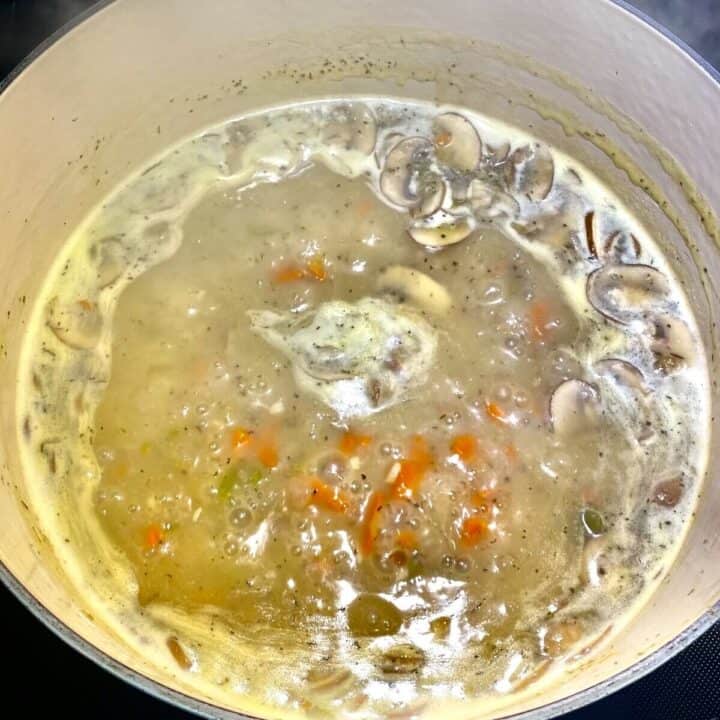 Vegetables and broth boiling in a pot.