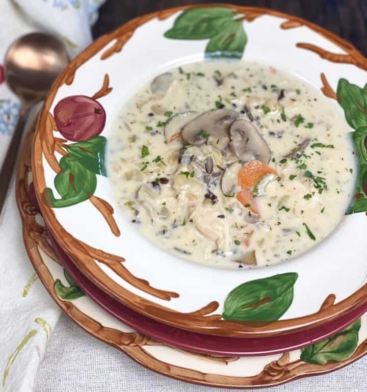 A bowl of chicken and wild rice soup with a spoon.