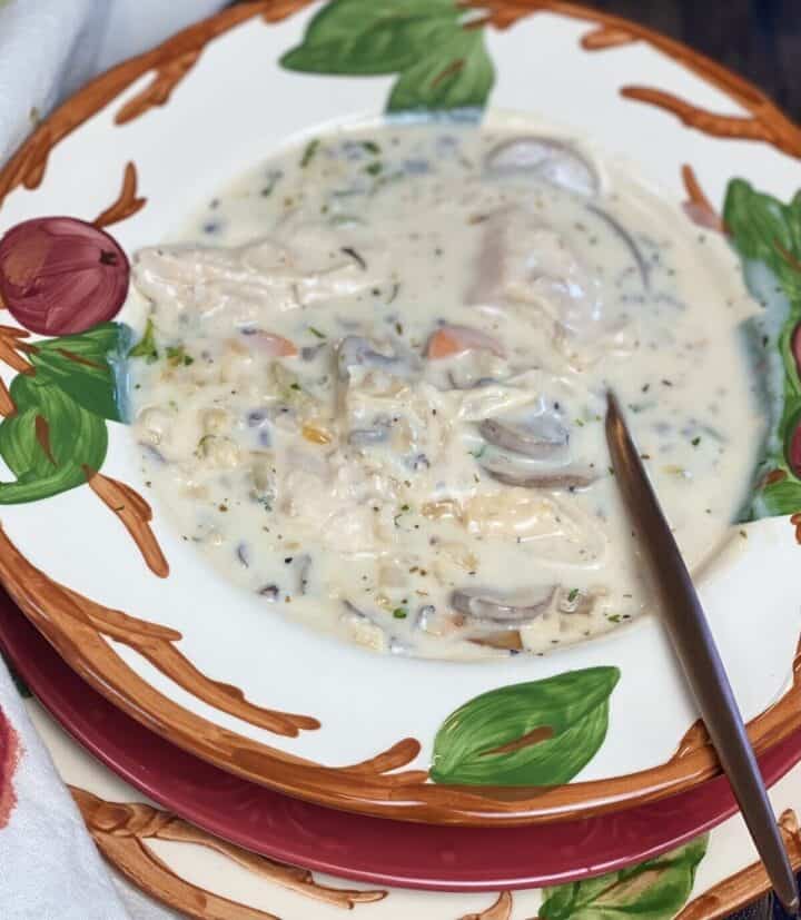 A bowl of soup with a spoon.