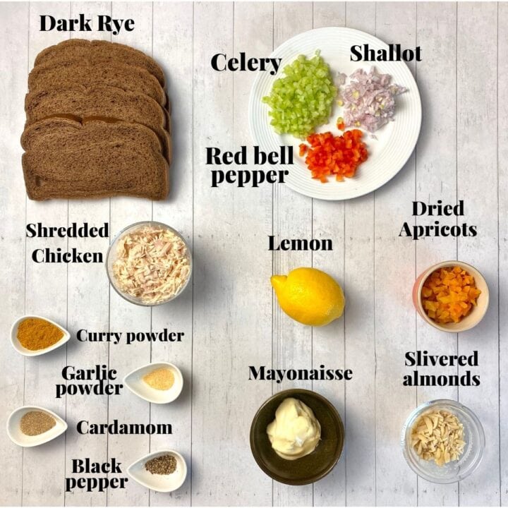 All the ingredients needed to make curry chicken tea sandwiches.