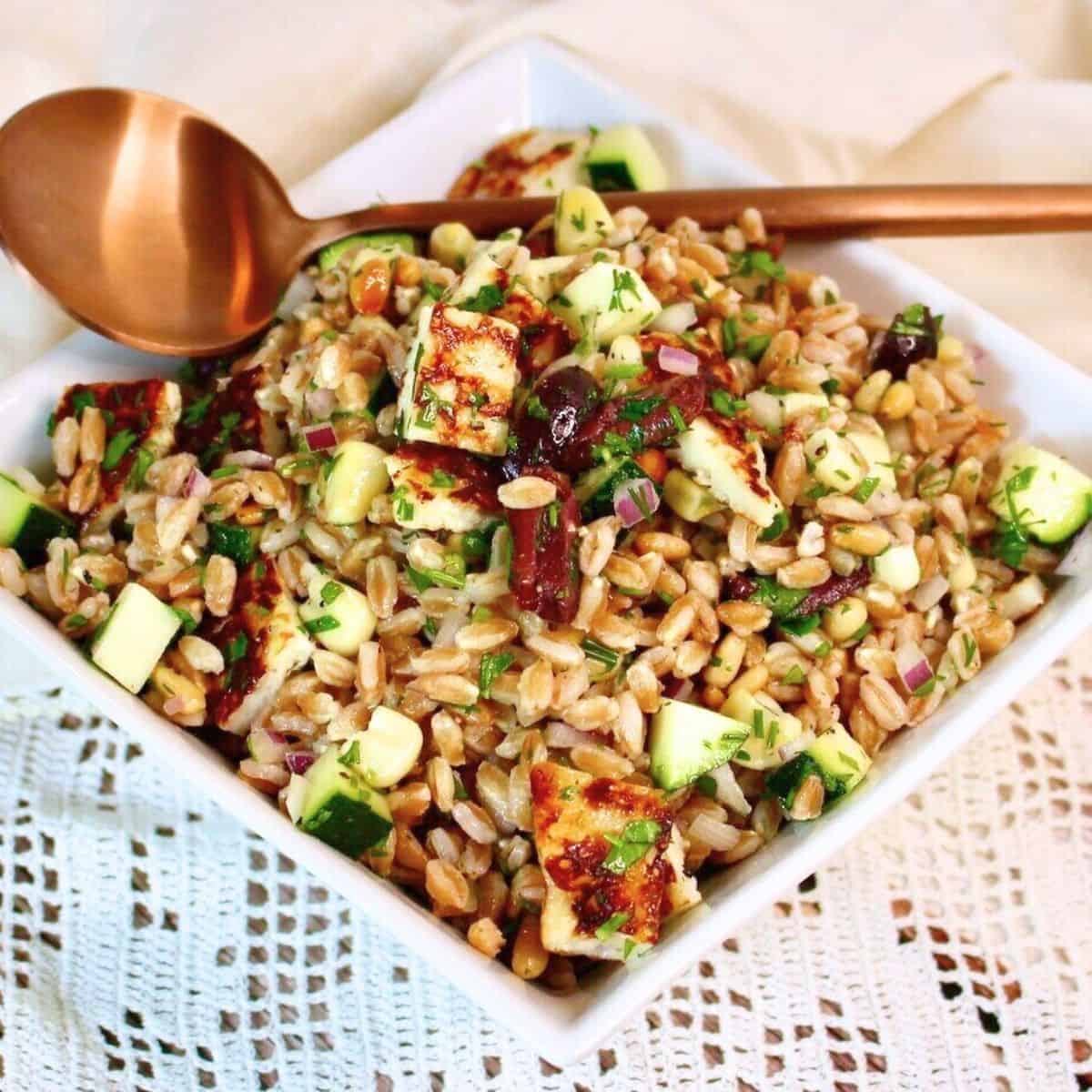 Farro Corn and Zucchini Salad with Fried Cheese - The Measured Scoop