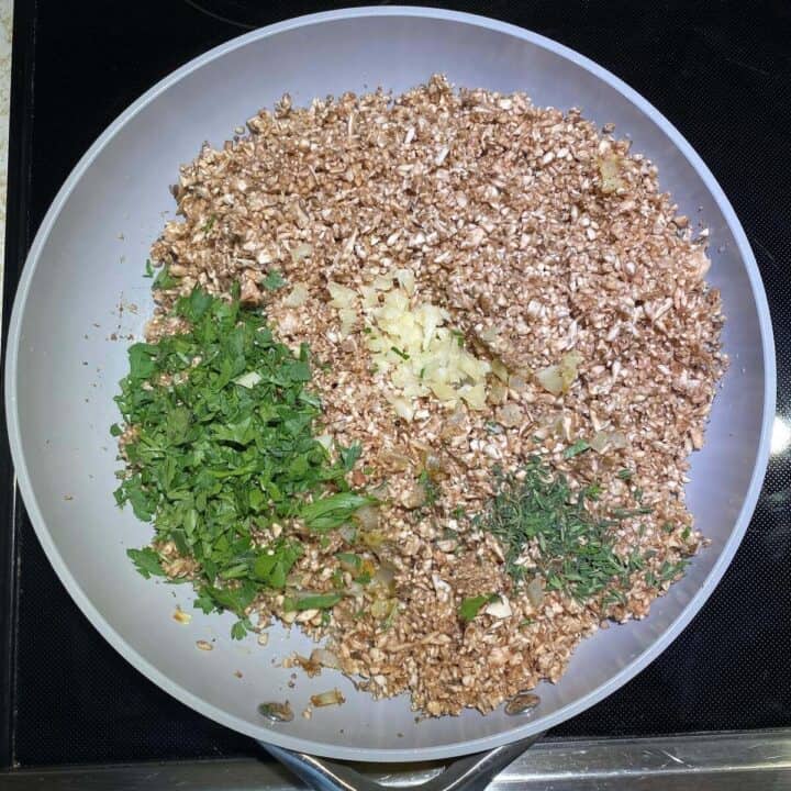 Duxelles ingredients in a non-stick pan.